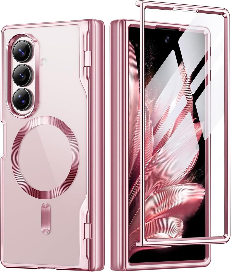 BERFY for Galaxy Z Fold 7 Case, Compatible with Magsafe, Built-in Screen Protector & Hinge Protection, Clear Plating Design Full-Body Slim Shockproof Protective Phone Case for Samsung Z Fold 7, Pink