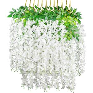 GPARK (36 Branches 12 Pack /45 inch /3.7ft Wisteria Hanging Artificial Flowers Fake Bushy Silk Vine Garland String for Wedding Party Garden Greenery Home Wall Deco White