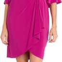 R&M Richards Women's Faux Wrap Cocktail Cascade Dress W/Ruffled Sheer Sleeves & Buckle Accent (14)
