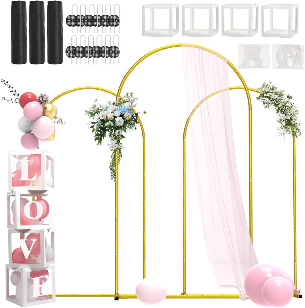 Metal Arch Backdrop Stand ,Set of 3 (7.2 ft/6.6 ft/6 ft) Square Wedding Arch Frame Gold Balloon Arch Stand for Wedding/ Birthday Party/ Baby Shower/ Graduation Ceremony Banquet Decoration
