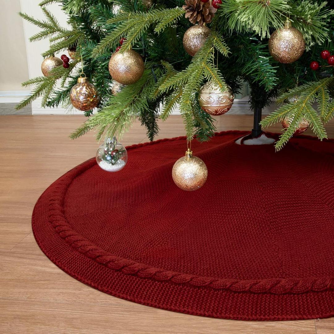 WBHome Christmas Tree Skirt, 52 inch Cable Knit Knitted Thick Rustic Holiday Decoration, Christmas Red