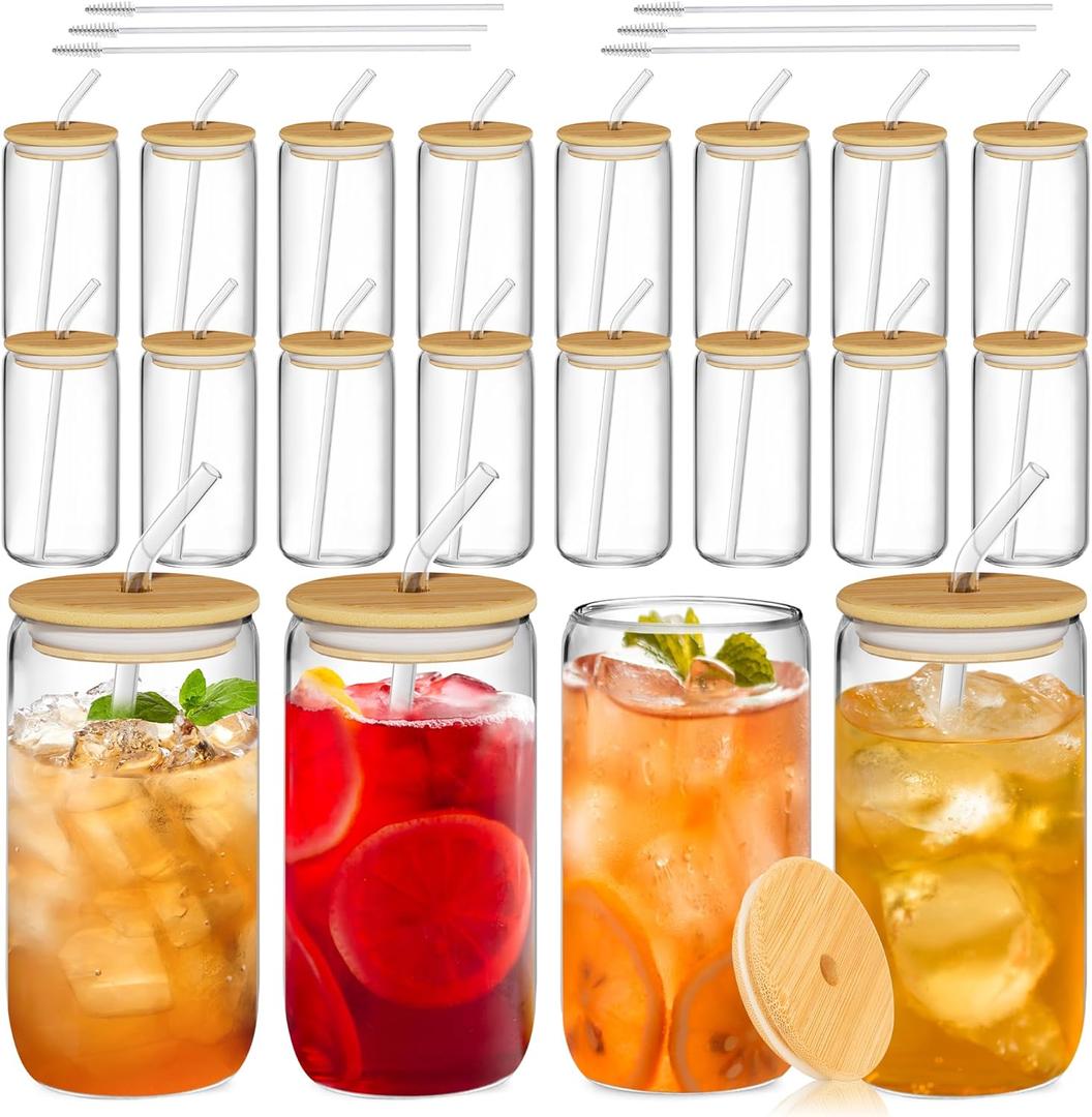 16oz Glass Cups with Bamboo Lids and Glass Straws - 20Pcs Drinking Glasses Set, Iced Coffee Cup, Glasses Tumbler for Coffee, Juice, Tea, Soda, Smoothie, Cocktail Include Cleaning Brushes & Gift Boxes (Clear)
