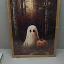 Framed Vintage Halloween Ghost Canvas Wall Art, Cute Ghost Pumpkin Wall Decor Paintings, Gothic Dark Academia Pictures Prints Spooky Fall Forest Home Decor for Living Room Bedroom 16x24 inch