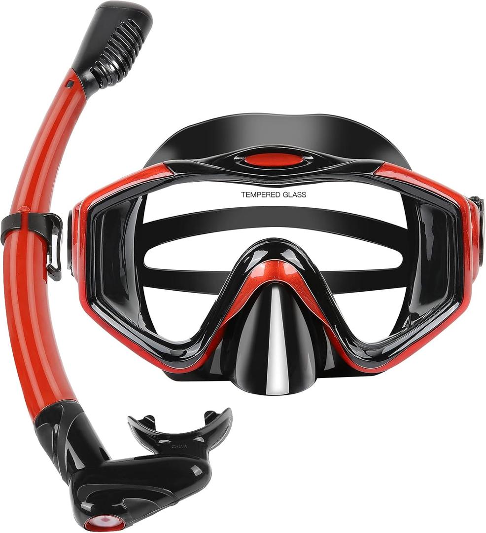 KUYOU Mask Fins Snorkeling Gear for Adults - Wide View Anti-Fog Mask, Full Dry Top Snorkel Gear Set (One Size Without Fins, Metallic Red)