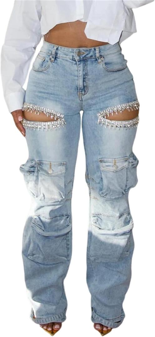 Women's High Waist Baggy Cargo Jeans Sexy Rhinestones Ripped Straight Wide Leg Denim Pants Y2K Streetwear with Pockets (Blue, L)