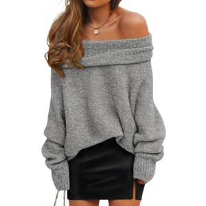ZESICA Women's Off The Shoulder Spring Sweaters Oversized Long Sleeve Pullover Tops 2026 Fashion Outfit Clothes (Gray, M)
