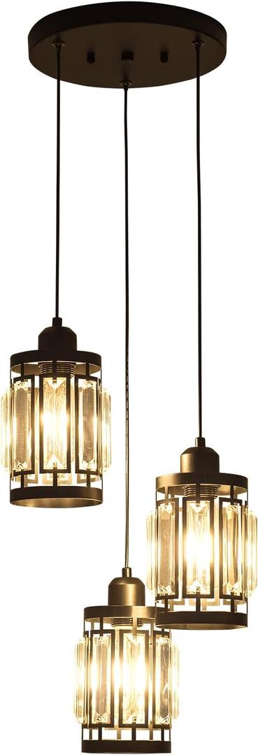 3 Light Farmhouse Pendant Light Adjustable Ceiling Hanging Lighting Fixture with K9 Crystals for Kitchen Restaurant Cafe Dining Room Island Light Black