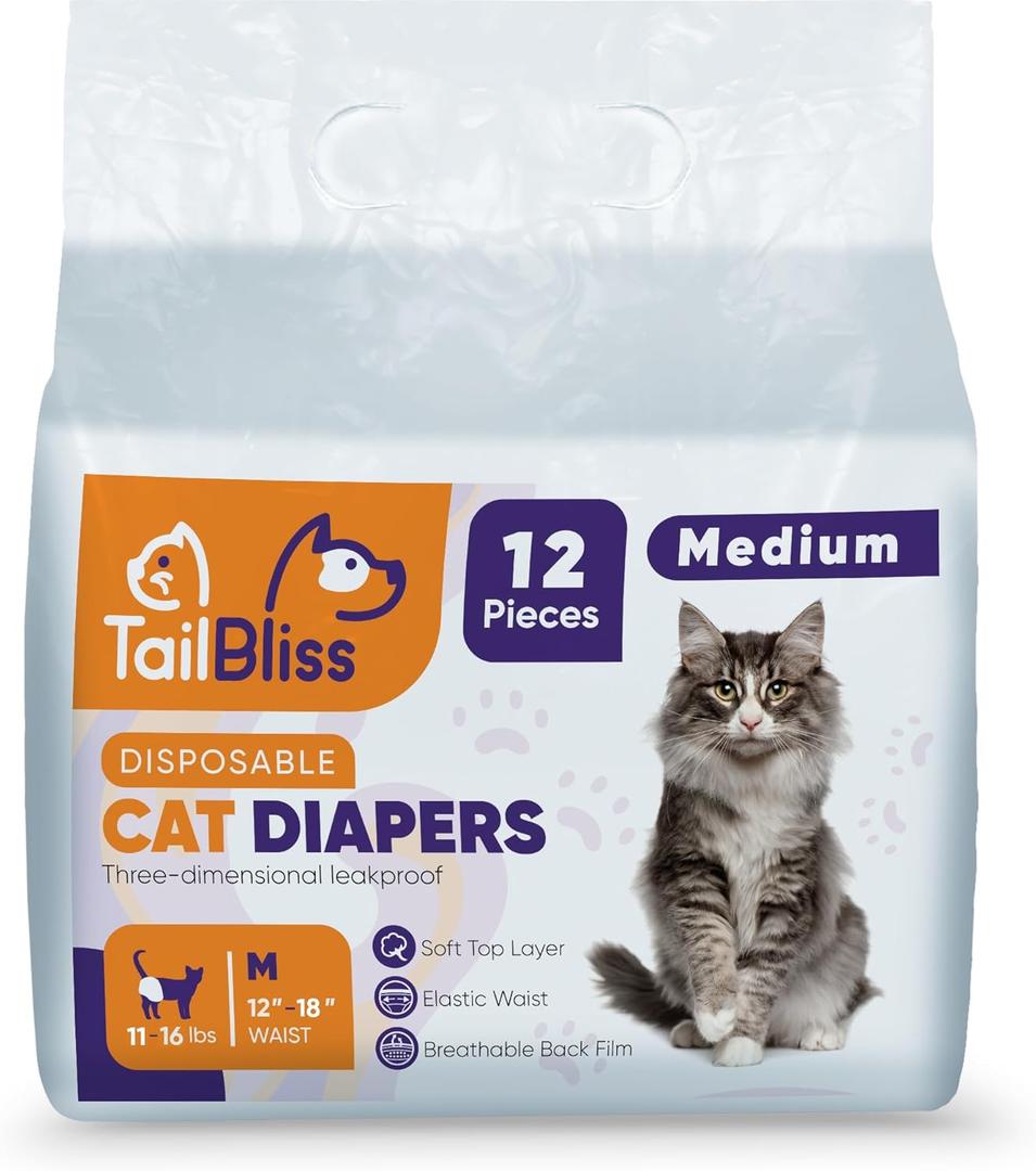 TailBliss Disposable Female Cat Diapers, 12 count | Three Dimensional Leak-Proof Protection, Wetness Indicator and Breathable Back Film (Medium), White