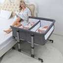 Ihoming Twin Bedside Bassinets for Baby, Adjustable Height Portable Crib with Wheels & Airflow Mesh, Infant Co Sleeper Bedside Crib Attaches to Bed, Light Grey
