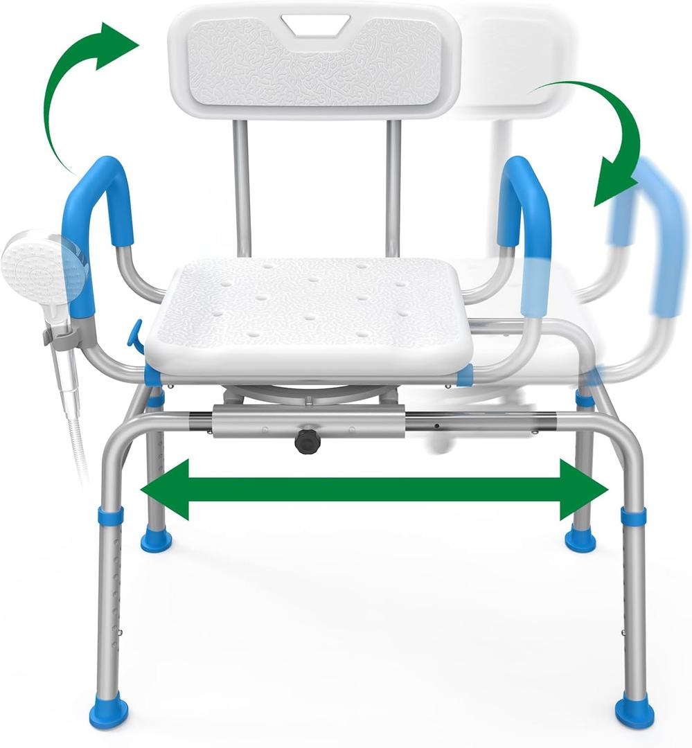 FSA/HSA Eligible Sliding Shower Chair Tub Transfer Bench for Bathtub with Swivel Seat, Shower Bench with Pivoting Arms, Height Adjustable Shower Seat, 350 lbs,White&Blue,Standard