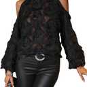 Shenhe Women's Cold Shoulder Fringe Blouse Mock Neck Long Sleeve Shirts Party See Through Tops, Black, Size L