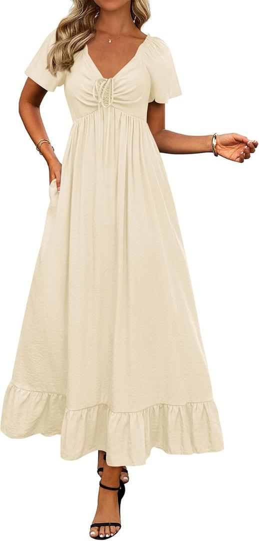 BTFBM Womens Spring Dresses 2026 Casual Short Sleeve V Neck Drawstring Wedding Guest Maxi Dresses Boho Beach Long Dress (XX-Large, Light Apricot)