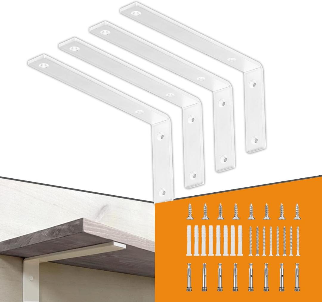 CLT White Shelf Bracket, 12 X 5 Quarter Inch (1/4") Thick- Max Load: 440 lb Rustic Industrial Modern Farmhouse Heavy Duty Cold Rolled Steel Bracket for Table Bench, Space Saving DIY, Pack of 4