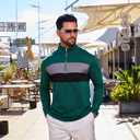 Mens Quarter Zip Polo Shirt Long Sleeve Color Block T Shirts for Men Lightweight Casual Striped Golf Polos (Green, XL)