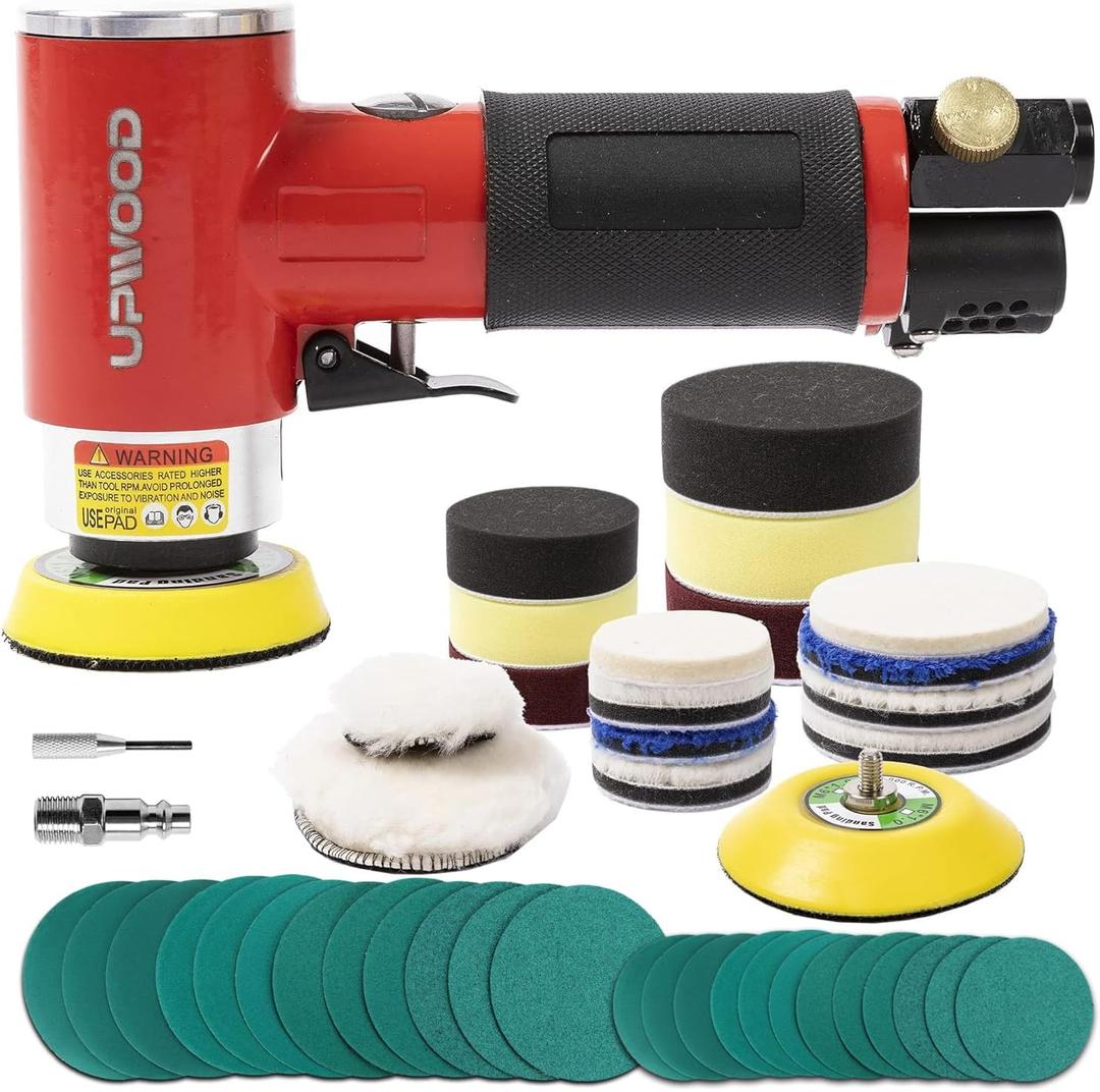 Mini Air Sander with 2'' 3'' Pads, Pneumatic Mini Sander 25mm/50mm Polisher for Auto Body Work Headlight Polishing Paint Cleaning with 24pcs Sandpapers and 16 Sanding Wheels