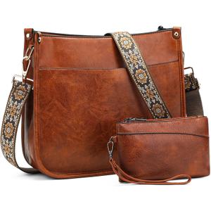 BAIGIO Crossbody Purse for Women Trendy Vegan Leather Hobo Bags for Women Handbags and Wallet 2PCS With Guitar Shoulder Strap (Brown)