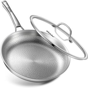 Titanium Pan, 12 Inch Pure Titanium Hammered Pro frying pan with Lid, Non-Toxic Skillet for Cooking, PFAS/PFOA/PTFE Free Cookware, Dishwasher&Oven Safe, Kitchen Induction Compatible
