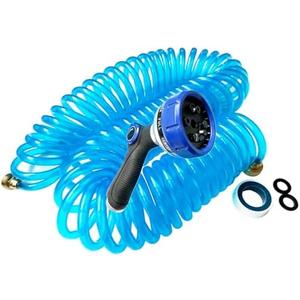 Recoiled Garden Water Hose 3/8"ID x 50ft Premium Water Nozzle Sprayer 10 Adjustable Patterns With 3/4"Inch Brass Fittings Retractable, Non-Kinking Outdoor Patio Hose Marine & Boat, Blue(50')