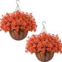 Hananona 24 Pcs Artficial Outdoor Flowers with Hanging Baskets, Orange Fall mums 2 Pack Hanging Planter with Outdoor Fall Flowers for Autumn Porch Garden and Home Patio Yard Decor (2, Orange)