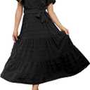 Women's Polka Dot Long Dress V Neck Flowing Short Sleeved Solid Color Lace Up A Line Dress Swing Party M
