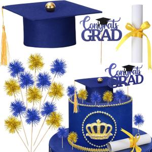 Ctosree 16 Pcs Graduation Cake Kit Graduation Cake Topper Included Felt Graduate Cap with Tassel Firework Cupcake Toppers Grads Cupcake Topper Diploma Decor for Wedding Graduate Party(Blue Gold)