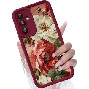 for Samsung Galaxy A54 5G Case, Creative Flower Pattern Design Girls Women Liquid Silicone Cover, Thicker Frame Shockproof and Scratch-Resistant Soft Case for Samsung A54 - Floral Crimson