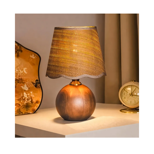 Modern Wooden Bedside Table Lamp, Small Nightstand Desk Lamp with Fabric Shade, Warm Ambient Light, Dimmable E26 Socket with Bulb Included, 6ft Cord for Bedroom Living Room