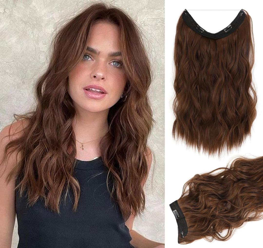 Halo Hair Extensions 20 Inch Invisible Wire Light Brown Adjustable Long Wavy Synthetic Upgrade With 4 Secure Clips in Hairpieces