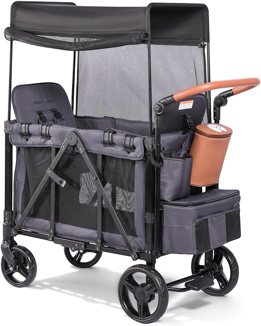 Wagon Stroller for 2 Kids with Insulated Snack Pack Foldable All-Terrain Wagon Stroller, 5-Point Harness & Canopy Parent Organizer Adjustable Handle (Gray)