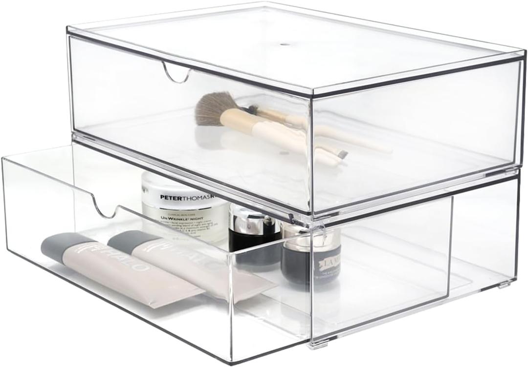 Youngever 2 Pack Large Stackable Organizer Drawers, Stackable Makeup Organizer, Stackable Makeup Storage, Clear Cosmetic Organizers, Makeup Organizer Drawers (12" x 7.5" x 3.5")