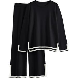 LILLUSORY Women Fall 2 Piece Lounge Set Outfits Sweatsuits Long Sleeve Sweater Tops Wide Leg Pants (Medium, Black)