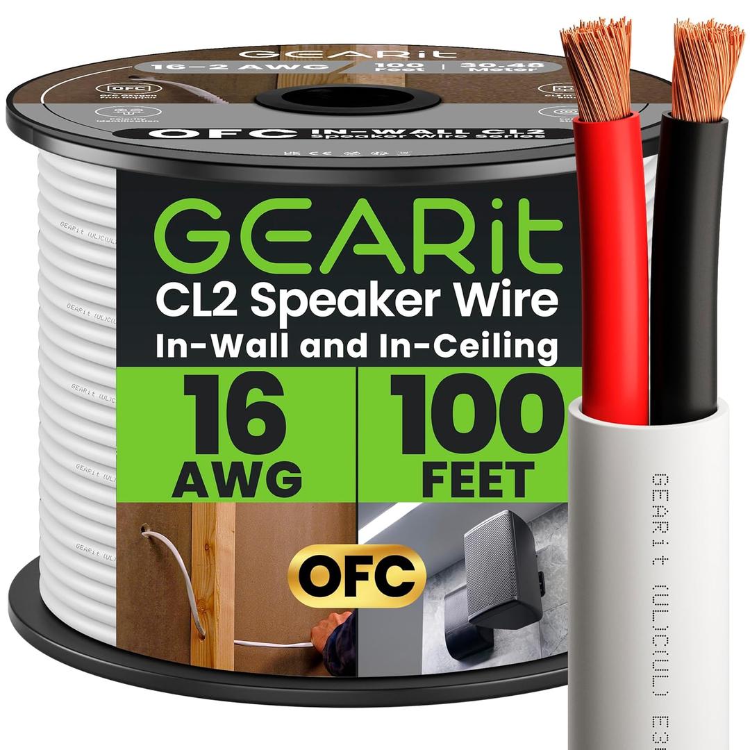 GearIT 16/2 Speaker Wire (100 Feet) 16AWG Gauge - in Wall Audio Speaker Wire Cable / CL2 Rated / 2 Conductors - OFC Oxygen-Free Copper, White 100ft