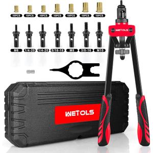 WETOLS Rivet Nut Tool Kit, 14-Inch Rivnut Tool with 7 Metric and SAE Mandrels, Professional Hand Riveter with 70Pcs Rivnuts Assortment Kit, Manual Rivet Nut Gun with Rugged BMC Case