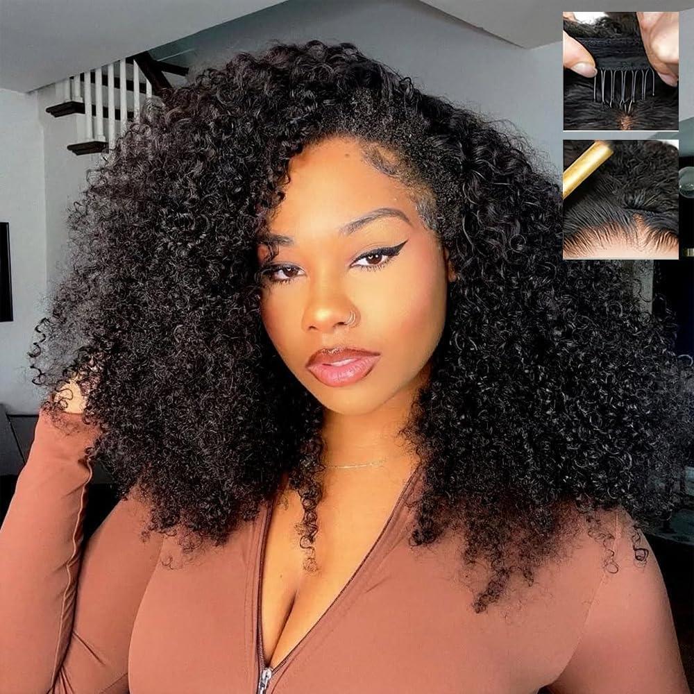 16 Inch Kinky Curly Half Wig Human Hair 200% Density Glue less 3 IN 1 Design with Drawstring & Seamless Clip Ins, Flip Over No Glue No Lace Protective Hairstyle for Black Women