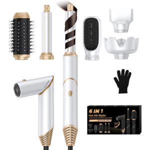 6 In 1 Hair Dryer Brush, Foldable Blow Dryer Brush with Air Styler Curler Wrap, Detachable Hot Air Brush Dry, Volumize, Straight, Curl, Negative Ion Brush Blow Dryer with Diffuser, Hair Styler Tools