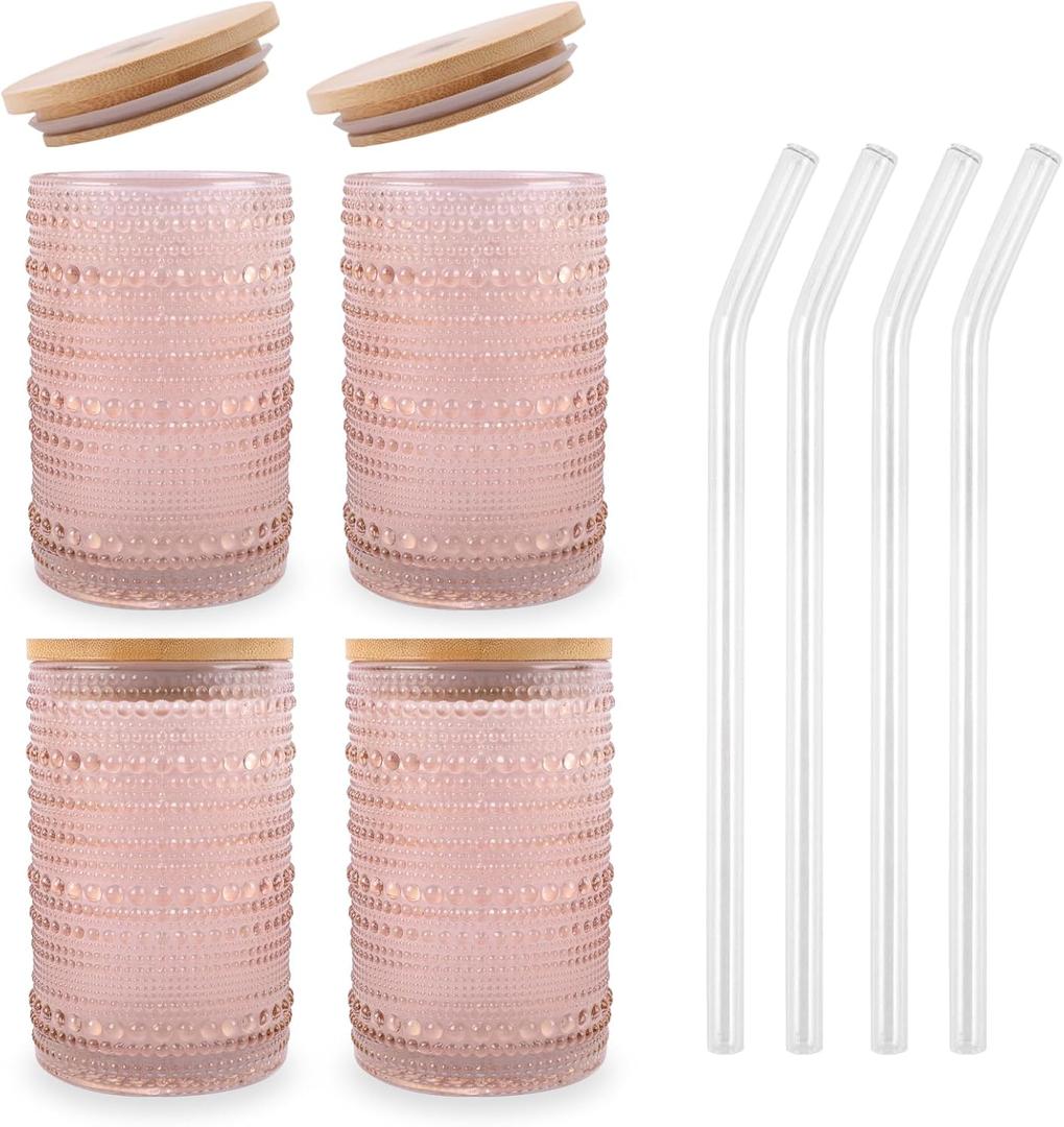 Vintage Drinking Glasses Set of 4 with Bamboo Lids, Textured Clear Striped Ribbed Glassware Set Cocktail Set Beaded Glass Cups Old Fashion Embossed Iced Coffee Cup for Beer, Beverage(16 oz), Rose Gold