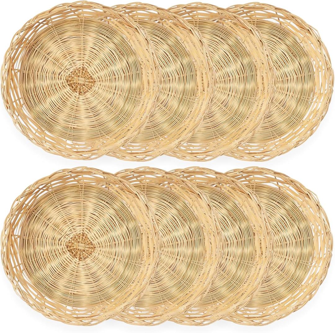 Cheardia 8 Pack Bamboo Paper Plate Holders, 10 Inches Reusable Wicker Charger Plates for Dinner Plates Natural Hand Woven Wicker Paper Plate Baskets for Home Party Daily Dinning Picnic