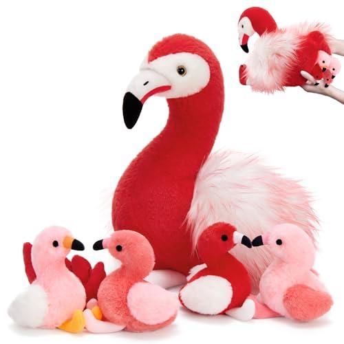 MorisMos Plush Flamingo Stuffed Animal with Baby Bird Toys Inside Belly,20" Mommy Stuffed Flamingo Toy for Girl Boy Kid,Red Bird with Babies Gift for Birthday Party Decoration Baby Shower Christmas