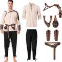 8 Pcs Men's Renaissance Pirate Costumes Halloween Medieval Shirt Pants Viking Costume Accessories Set Cosplay (XX-Large, Khaki+black)