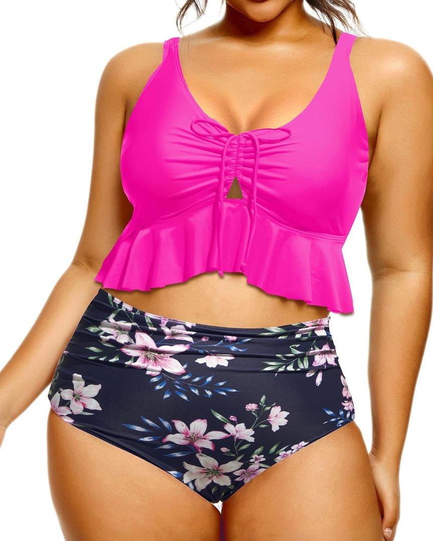 Daci Women Plus Size Two Piece Swimsuits  High Waisted Bikini Set Ruffle Tummy Control Bathing Suits with Bottom Pink Flower 22 Plus