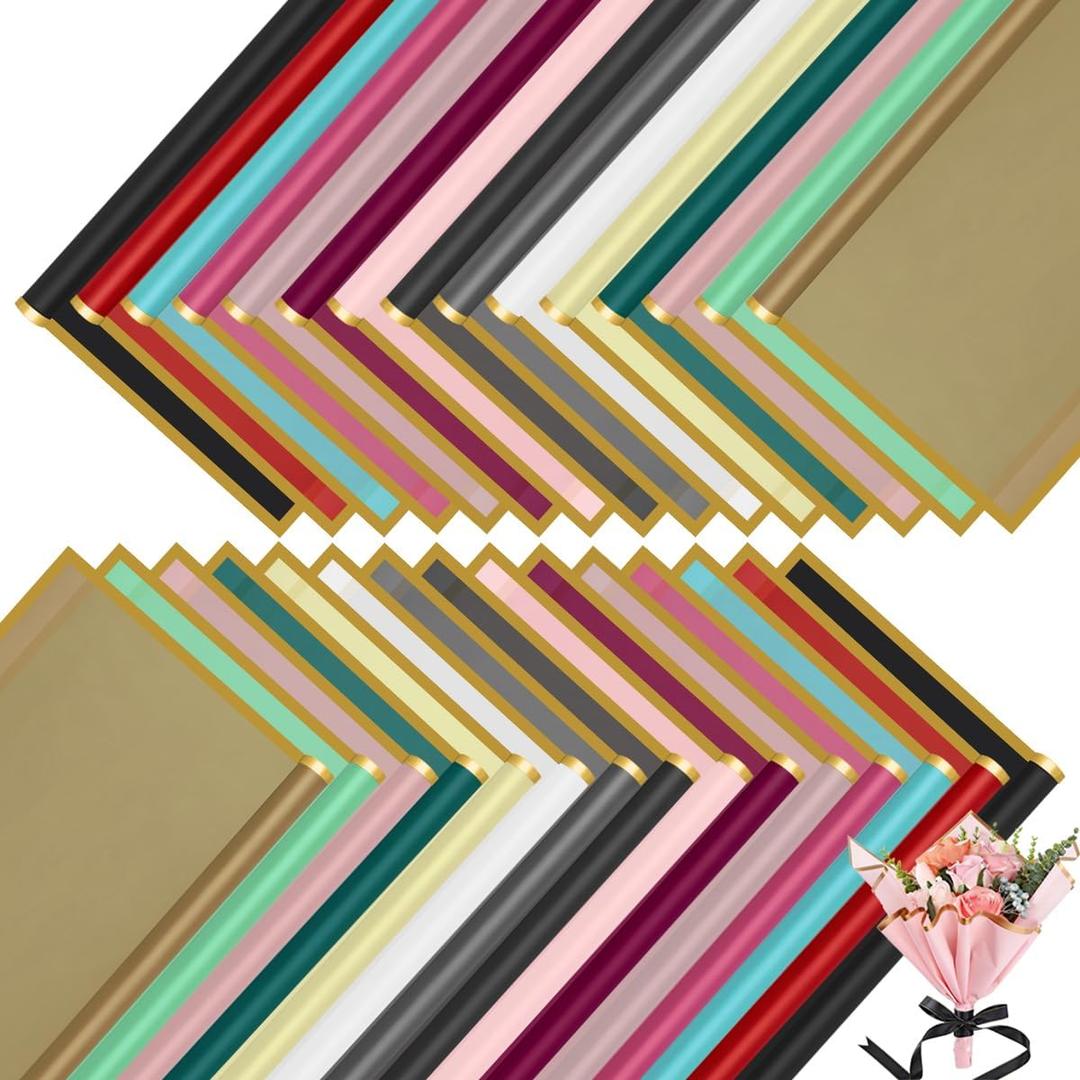 300 Sheets Flower Wrapping Paper, 22.8'' x 22.8'' Gold Edge Waterproof Korean Flower Bouquet Wrapping Paper Bulk Floral Wrap Packaging Paper for Wedding Mother's Day Anniversary DIY Crafts, 15 Colors