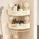 Corner Suction Cup Shower Caddy(2-Pack Cream White),No-Drilling Aluminum Shower Shelf with Towel Bar & Hooks,Removable Bathroom and Kitchen Storage Organizer