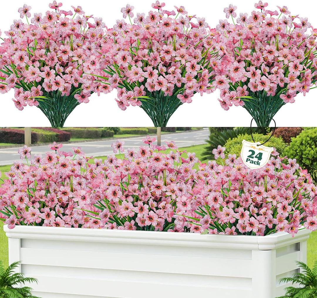 Lnoicy 24 Pcs Artificial Flowers for Outdoor, Plastic Flowers Decoration, UV Resistant Faux Flowers Shrubs, Artificial Plants for Indoor Outside Garden Home Wedding Farmhouse(Pink)