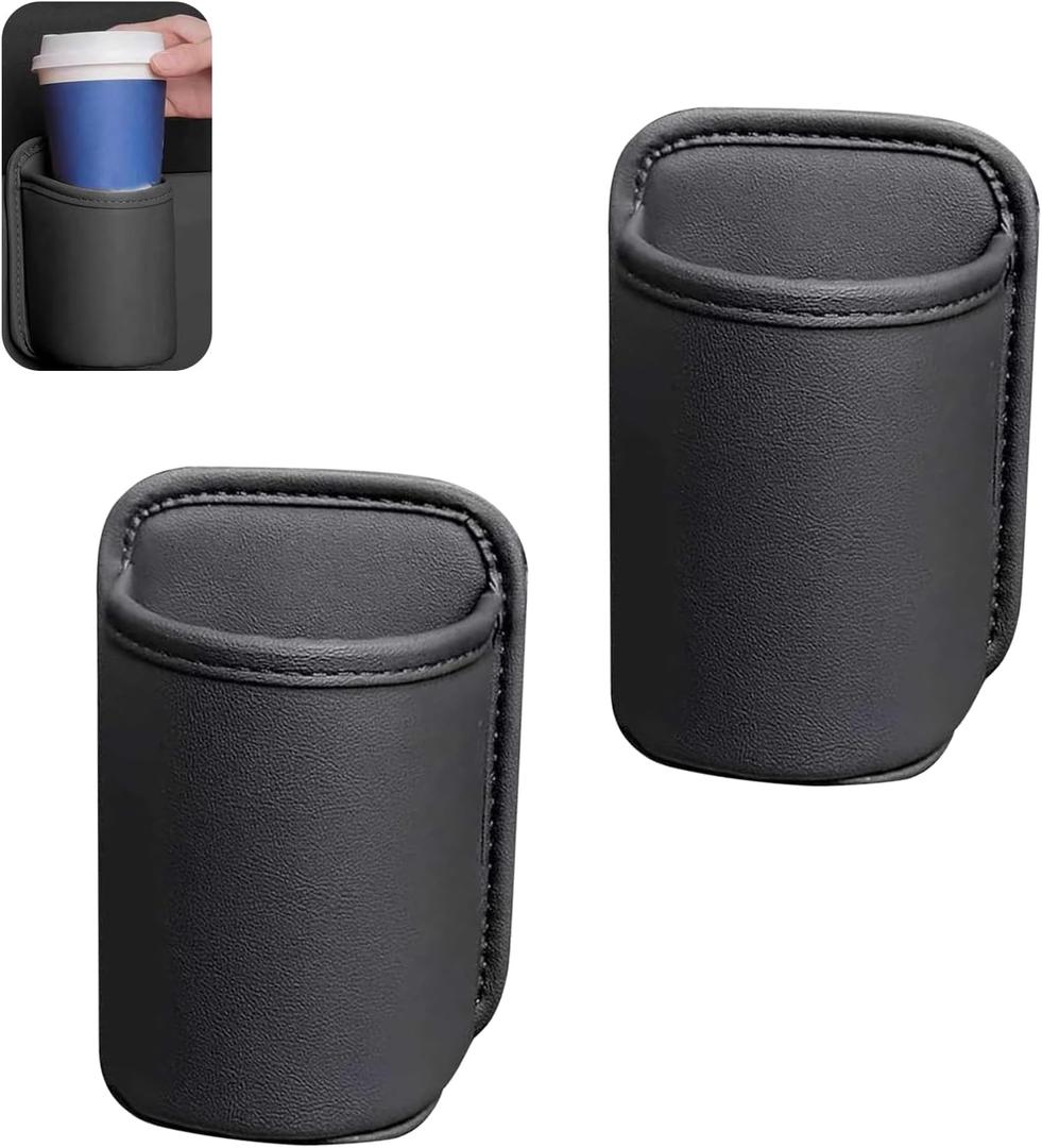 2 PCS Large Car Door Cup Holders, Clip On Back Seat Cup Holders for Cars, Scratch-Resistant & Waterproof Leather Storage Bag for Beverage Mobile Phone, Universal for Most Cars (Black)