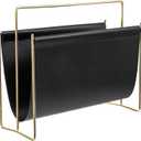 MyGift 15-Inch Modern Black Leatherette & Brass Plated Metal Magazine Holder Floor Standing Faux Leather Sling Style Newspaper Rack for Home, Bathroom, Office Decor