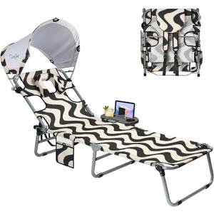 Tanning Chair with Face Hole for Adults, Outdoor Folding Lounge Chair with Canopy and Side Table for Phone Drink Tablet, 4 Position Adjustable Backrest, Lay Flat Chaise Lounger for Beach Patio Pool