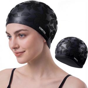 Women Swim Cap 2 Pack for Long Hair, Silicone Flower Adult Swiming Caps Waterproof for Girl Youth No Wet Hair (Black)