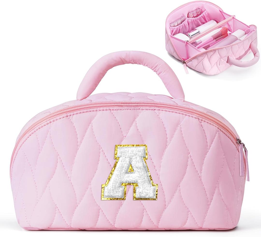 YOOLIFE Birthday Gifts for Mom Daughter Initial Makeup Bag for Women Travel Toiletry Bag Pink Cosmetic Bags Teen Girl Gift Personalized Birthday Gifts for Mom Teacher Sister Daughter A