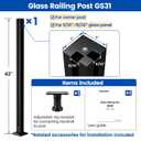 Muzata 1Pack 42"x2"x2" Black Glass Railing Post Corner Post with Bracket for Handrail T304 Stainless Steel with Bracket for Handrail Indoor Outdoor Glass Railing System for Deck Pool GS31 BC4