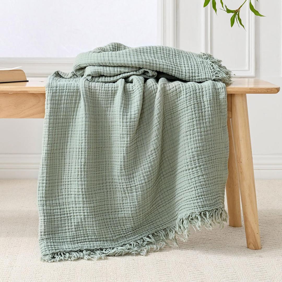 Esterra Muslin Throw Blanket 50x65 Inches Cozy Soft Lightweight Pre-Washed Cotton Blanket, All Season Breathable 4-Layer Gauze Blanket Throw for Sofa Couch Bed, Sage Green